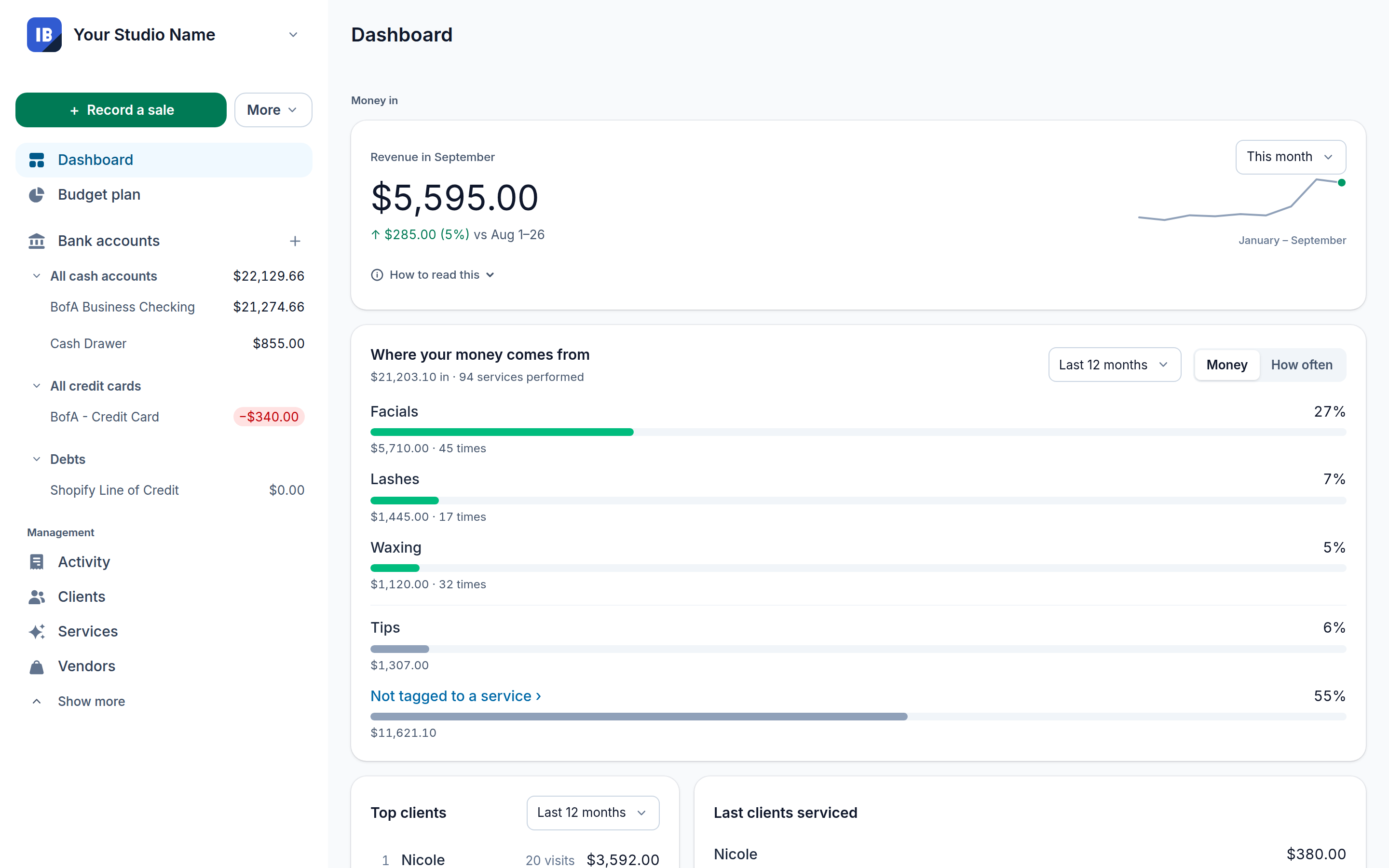 The IssaBudget dashboard on a laptop: the menu, revenue in, where the money comes from, your best clients