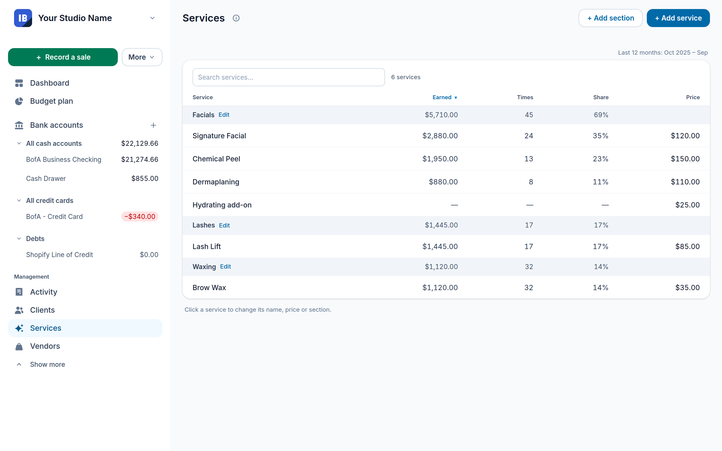 The services page on a laptop: the menu grouped in sections, with each service's share of revenue
