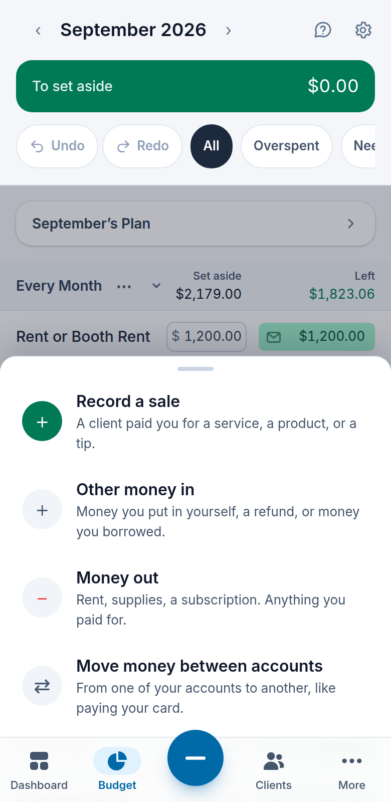 The record-money menu on a phone: record a sale, other money in, money out