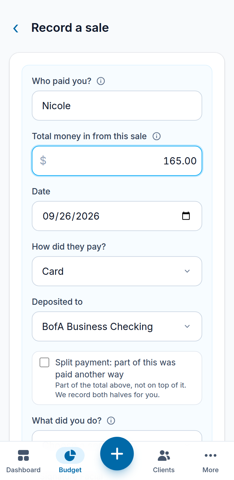 Recording a sale on a phone: client, service from your own menu, and the amount