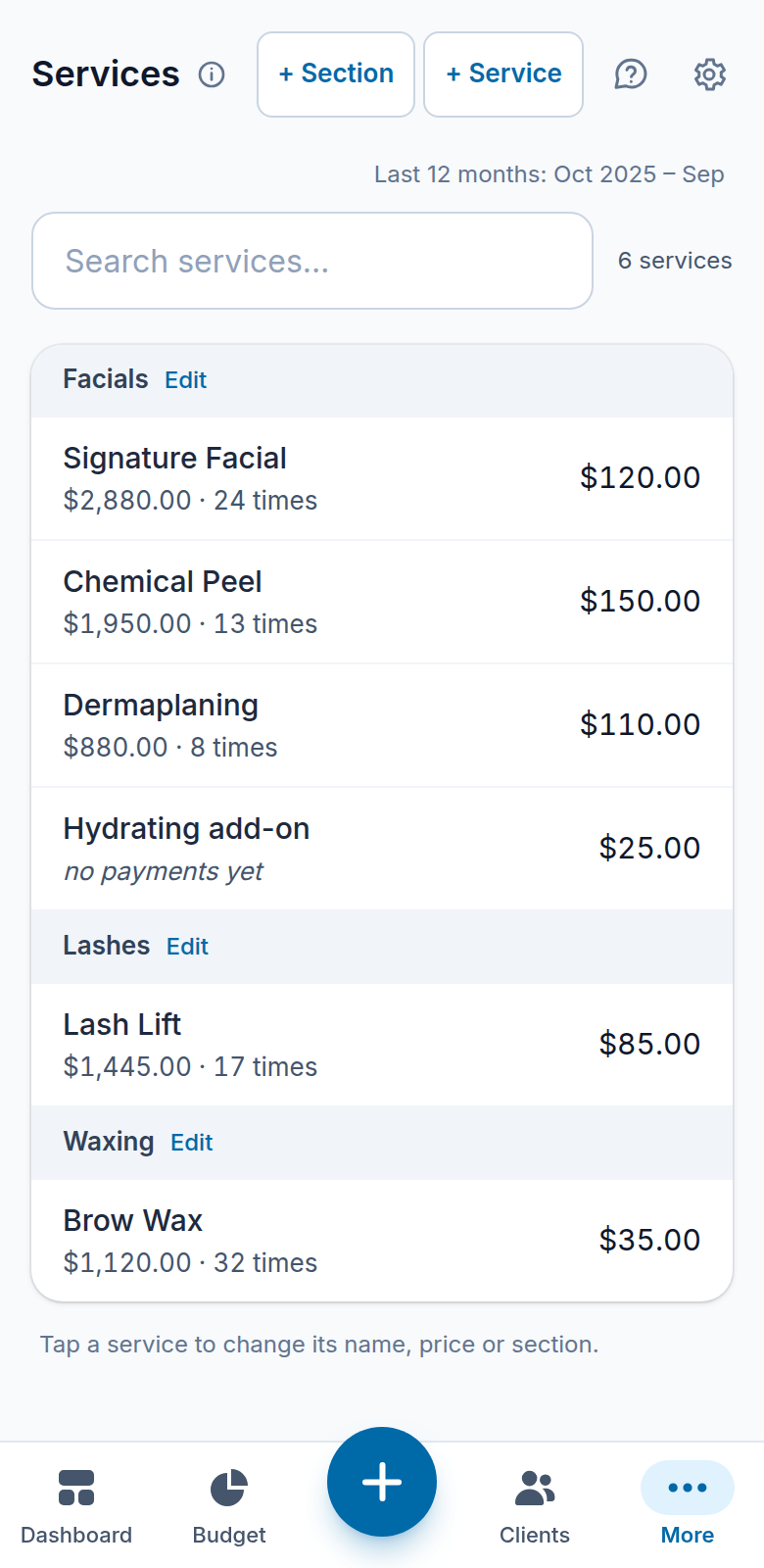 The services page on a phone: the menu grouped in sections, with each service's share of revenue